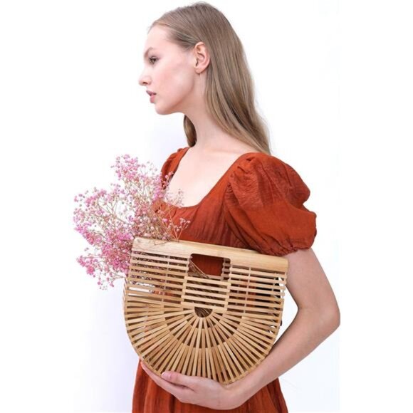 Womens Bamboo Handbag Handmade Large Tote Bag Straw Beach Bags Beach Purse - Picture 2 of 7